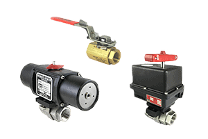 Collection of actuator valve assemblies including a brass ball valve with a red handle, a black pneumatic actuator valve with model specifications, and a square black pneumatic actuator valve with a red handle, each connected to metal piping.