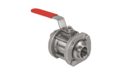 A stainless steel ball valve with a red handle
