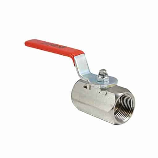 A 1-piece stainless steel ball valve with a red handle. 