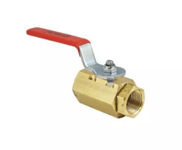 A 2-piece brass ball valve with a red handle.