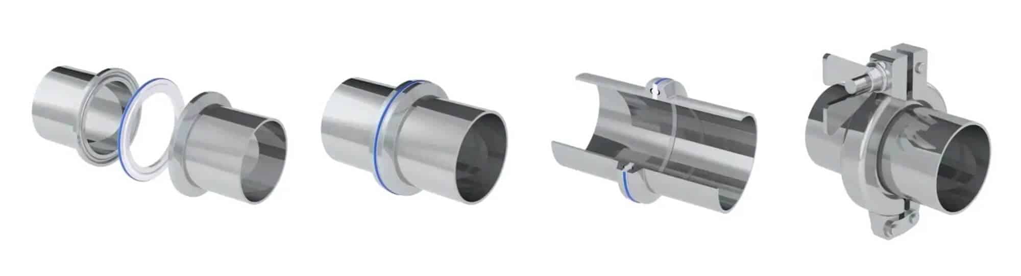 A four-part diagram demonstrating the three distinct parts that comprise a tri-clamp valve connection: two ferrule ends, a seal and a clamp.